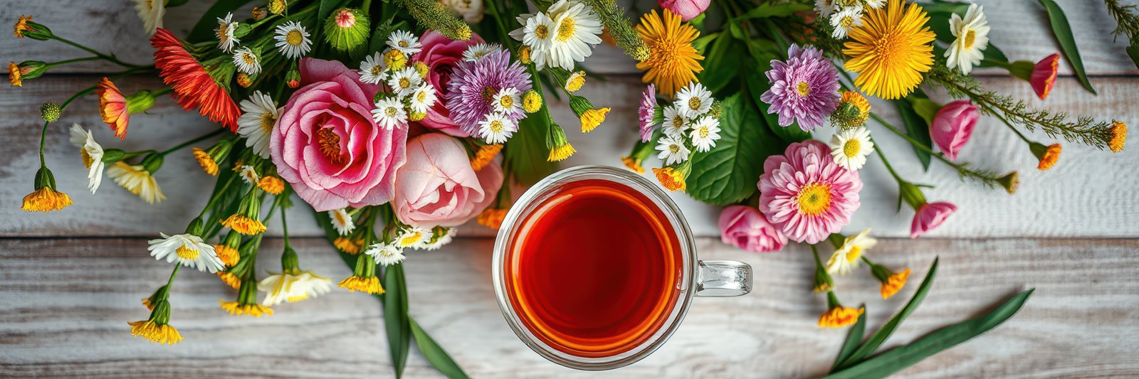 Vibrant tea cup surrounded by an arrangement of fresh flowers on a wooden surface during a sunny afternoon